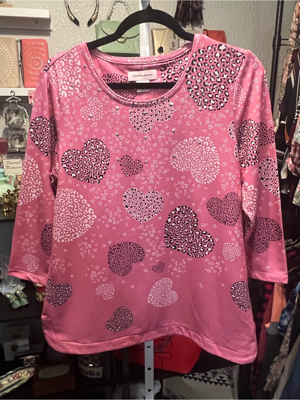 Allison Daley Pink Heart & Leopard Print 3/4 Sleeve Top